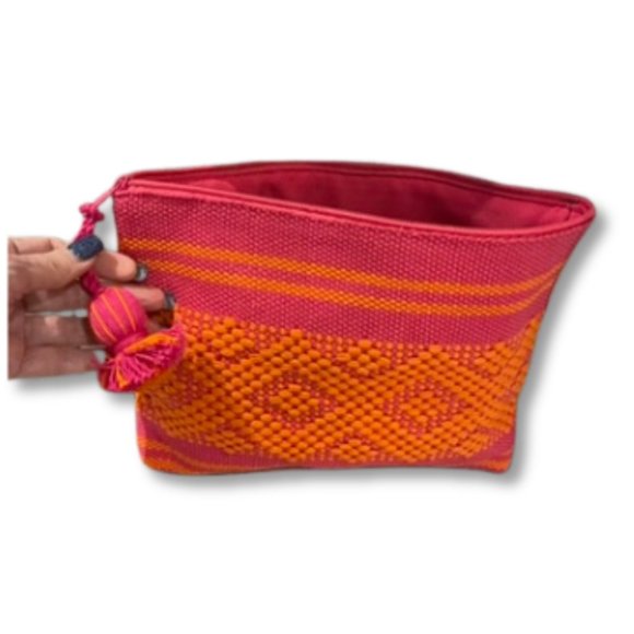 2-PACK SET HANDWOVEN PINK & ORANGE MAKE UP ACCESSORY BAGS 100% COTTON EXTERIOR - Picture 6 of 10